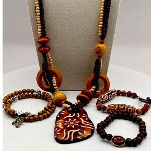 Handcrafted Wooden Beaded Necklace Set With Tribal Floral Pendant & Bracelets